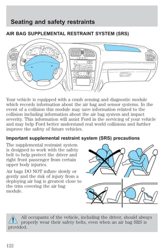 Seating and safety restraints 
AIR BAG SUPPLEMENTAL RESTRAINT SYSTEM (SRS) 
AUTO 
PULL 
RESUME 
BRAKE 
20 
VOL 
PUSH ON 
CD TAPE EJ 
RDS 
Your vehicle is equipped with a crash sensing and diagnostic module 
which records information about the air bag and sensor systems. In the 
event of a collision this module may save information related to the 
collision including information about the air bag system and impact 
severity. This information will assist Ford in the servicing of your vehicle 
and may help Ford better understand real world collisions and further 
improve the safety of future vehicles. 
Important supplemental restraint system (SRS) precautions 
The supplemental restraint system 
is designed to work with the safety 
belt to help protect the driver and 
right front passenger from certain 
upper body injuries. 
Air bags DO NOT inflate slowly or 
gently and the risk of injury from a 
deploying air bag is greatest close to 
the trim covering the air bag 
module. 
All occupants of the vehicle, including the driver, should always 
properly wear their safety belts, even when an air bag SRS is 
provided. 
SET 
CANCEL 
O 
N 
O 
F 
F 
MUTE 
VOL 
MEDIA 
HI 
LO 
INT 
INT 
OFF 
MIST 
! P 
H 
C 
1 
2 
3 
4 5 6 
7 
0 0 
40 
60 
80 
100 
120 
140 
160 
40 
80 
120 160 
200 
240 
km/h RPMX1000 
RESET 
MPH 
F 
E 
SEEK MUTE 
BASS 
TREB 
SEL 
BAL 
FADE 
TUNE SCAN AUTO 
AM FM 
REW 
1 
FF 
2 
SIDE 1-2 
3 
COMP 
5 
SHUFF 
6 4 
AUTO OFF 
A/C 
R 
EXT 
F C 
F F 
122 
 