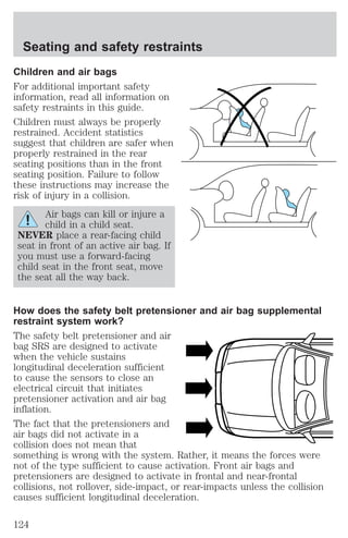 Seating and safety restraints 
Children and air bags 
For additional important safety 
information, read all information on 
safety restraints in this guide. 
Children must always be properly 
restrained. Accident statistics 
suggest that children are safer when 
properly restrained in the rear 
seating positions than in the front 
seating position. Failure to follow 
these instructions may increase the 
risk of injury in a collision. 
Air bags can kill or injure a 
child in a child seat. 
NEVER place a rear-facing child 
seat in front of an active air bag. If 
you must use a forward-facing 
child seat in the front seat, move 
the seat all the way back. 
How does the safety belt pretensioner and air bag supplemental 
restraint system work? 
The safety belt pretensioner and air 
bag SRS are designed to activate 
when the vehicle sustains 
longitudinal deceleration sufficient 
to cause the sensors to close an 
electrical circuit that initiates 
pretensioner activation and air bag 
inflation. 
The fact that the pretensioners and 
air bags did not activate in a 
collision does not mean that 
something is wrong with the system. Rather, it means the forces were 
not of the type sufficient to cause activation. Front air bags and 
pretensioners are designed to activate in frontal and near-frontal 
collisions, not rollover, side-impact, or rear-impacts unless the collision 
causes sufficient longitudinal deceleration. 
124 
 