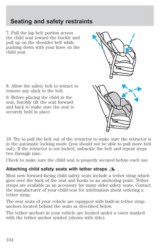 Seating and safety restraints 
7. Pull the lap belt portion across 
the child seat toward the buckle and 
pull up on the shoulder belt while 
pushing down with your knee on the 
child seat. 
8. Allow the safety belt to retract to 
remove any slack in the belt. 
9. Before placing the child in the 
seat, forcibly tilt the seat forward 
and back to make sure the seat is 
securely held in place. 
10. Try to pull the belt out of the retractor to make sure the retractor is 
in the automatic locking mode (you should not be able to pull more belt 
out). If the retractor is not locked, unbuckle the belt and repeat steps 
two through nine. 
Check to make sure the child seat is properly secured before each use. 
Attaching child safety seats with tether straps 
Most new forward-facing child safety seats include a tether strap which 
goes over the back of the seat and hooks to an anchoring point. Tether 
straps are available as an accessory for many older safety seats. Contact 
the manufacturer of your child seat for information about ordering a 
tether strap. 
The rear seats of your vehicle are equipped with built-in tether strap 
anchors located behind the seats as described below. 
The tether anchors in your vehicle are located under a cover marked 
with the tether anchor symbol (shown with title). 
134 
 