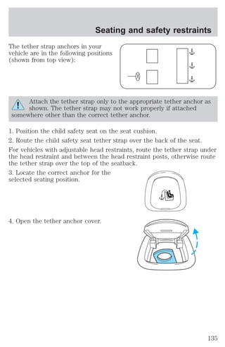 Seating and safety restraints 
The tether strap anchors in your 
vehicle are in the following positions 
(shown from top view): 
Attach the tether strap only to the appropriate tether anchor as 
shown. The tether strap may not work properly if attached 
somewhere other than the correct tether anchor. 
1. Position the child safety seat on the seat cushion. 
2. Route the child safety seat tether strap over the back of the seat. 
For vehicles with adjustable head restraints, route the tether strap under 
the head restraint and between the head restraint posts, otherwise route 
the tether strap over the top of the seatback. 
3. Locate the correct anchor for the 
selected seating position. 
4. Open the tether anchor cover. 
135 
 