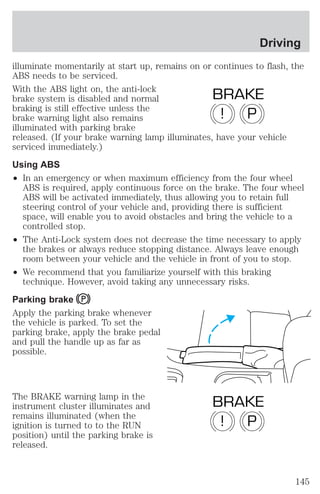 illuminate momentarily at start up, remains on or continues to flash, the 
ABS needs to be serviced. 
With the ABS light on, the anti-lock 
brake system is disabled and normal 
BRAKE 
braking is still effective unless the 
brake warning light also remains 
illuminated with parking brake 
released. (If your brake warning lamp illuminates, have your vehicle 
serviced immediately.) 
Using ABS 
² In an emergency or when maximum efficiency from the four wheel 
ABS is required, apply continuous force on the brake. The four wheel 
ABS will be activated immediately, thus allowing you to retain full 
steering control of your vehicle and, providing there is sufficient 
space, will enable you to avoid obstacles and bring the vehicle to a 
controlled stop. 
² The Anti-Lock system does not decrease the time necessary to apply 
the brakes or always reduce stopping distance. Always leave enough 
room between your vehicle and the vehicle in front of you to stop. 
² We recommend that you familiarize yourself with this braking 
technique. However, avoid taking any unnecessary risks. 
Parking brake 
Apply the parking brake whenever 
the vehicle is parked. To set the 
parking brake, apply the brake pedal 
and pull the handle up as far as 
possible. 
The BRAKE warning lamp in the 
instrument cluster illuminates and 
remains illuminated (when the 
ignition is turned to to the RUN 
position) until the parking brake is 
released. 
! P 
BRAKE 
! P 
Driving 
145 
 