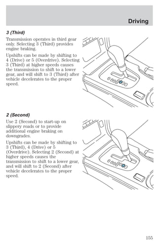 3 (Third) 
Transmission operates in third gear 
only. Selecting 3 (Third) provides 
engine braking. 
Upshifts can be made by shifting to 
4 (Drive) or 5 (Overdrive). Selecting 
3 (Third) at higher speeds causes 
the transmission to shift to a lower 
gear, and will shift to 3 (Third) after 
vehicle decelerates to the proper 
speed. 
2 (Second) 
Use 2 (Second) to start-up on 
slippery roads or to provide 
additional engine braking on 
downgrades. 
Upshifts can be made by shifting to 
3 (Third), 4 (Drive) or 5 
(Overdrive). Selecting 2 (Second) at 
higher speeds causes the 
transmission to shift to a lower gear, 
and will shift to 2 (Second) after 
vehicle decelerates to the proper 
speed. 
P 
R 
N 
D5 D4 
3 
2 
1 
P 
R 
N 
D5 D4 
3 
2 
1 
Driving 
155 
 