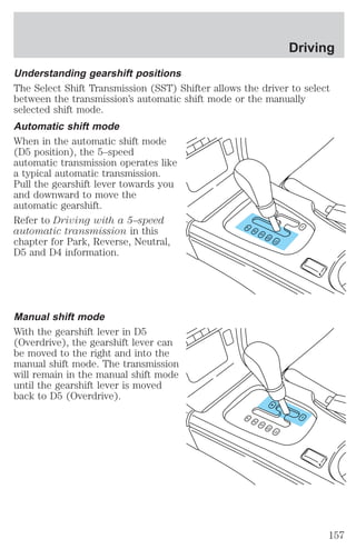 Understanding gearshift positions 
The Select Shift Transmission (SST) Shifter allows the driver to select 
between the transmission’s automatic shift mode or the manually 
selected shift mode. 
Automatic shift mode 
When in the automatic shift mode 
(D5 position), the 5–speed 
automatic transmission operates like 
a typical automatic transmission. 
Pull the gearshift lever towards you 
and downward to move the 
automatic gearshift. 
Refer to Driving with a 5–speed 
automatic transmission in this 
chapter for Park, Reverse, Neutral, 
D5 and D4 information. 
Manual shift mode 
With the gearshift lever in D5 
(Overdrive), the gearshift lever can 
be moved to the right and into the 
manual shift mode. The transmission 
will remain in the manual shift mode 
until the gearshift lever is moved 
back to D5 (Overdrive). 
Driving 
157 
 