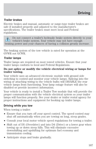 Trailer brakes 
Electric brakes and manual, automatic or surge-type trailer brakes are 
safe if installed properly and adjusted to the manufacturer’s 
specifications. The trailer brakes must meet local and Federal 
regulations. 
Do not connect a trailer’s hydraulic brake system directly to your 
vehicle’s brake system. Your vehicle may not have enough 
braking power and your chances of having a collision greatly increase. 
The braking system of the tow vehicle is rated for operation at the 
GVWR not GCWR. 
Trailer lamps 
Trailer lamps are required on most towed vehicles. Ensure that your 
trailer lamps conform to local and Federal Regulations. 
Do not splice or modify the vehicle electrical wiring or lamps for 
trailer towing. 
Your vehicle uses an advanced electronic module with ground side 
switching to control and monitor your vehicle lamps. Splicing into the 
wiring or attaching wiring to the vehicle bulbs will DISABLE the rear 
vehicle lamps from functioning. Your lamp outage feature will also be 
disabled or provide incorrect information. 
Your vehicle is ready to install a Trailer Tow module that will provide the 
proper communication with the vehicle electrical system so your trailer 
lamps will function properly. See your dealer or trailer rental agency for 
proper instructions and equipment for hooking up trailer lamps. 
Driving while you tow 
When towing a trailer: 
² Ensure that you turn off your speed control. The speed control may 
shut off automatically when you are towing on long, steep grades. 
² Consult your local motor vehicle speed regulations for towing a trailer. 
² Shift out of D5 (Overdrive) and into D4 (Drive) or a lower gear when 
towing up or down steep hills. This will eliminate excessive 
downshifting and upshifting for optimum fuel economy and 
transmission cooling. 
² Anticipate stops and brake gradually. 
Driving 
167 
 
