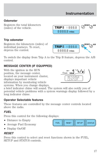 Odometer 
Registers the total kilometers 
(miles) of the vehicle. 
Trip odometer 
Registers the kilometers (miles) of 
individual journeys. To reset, 
depress the control. 
Instrumentation 
RESET A/B 
TRIP 
miles 
AB 
RESET A/B 
TRIP 
miles 
AB 
To switch the display from Trip A to the Trip B feature, depress the A/B 
control. 
MESSAGE CENTER (IF EQUIPPED) 
With the ignition in the RUN 
240 
position, the message center, 
E 
km/h 
160 
located on your instrument cluster, 
displays important vehicle 
information by monitoring vehicle 
systems. When you change displays, 
a brief indicator chime will sound. The system will also notify you of 
potential vehicle problems with a system warnings display followed by a 
long indicator chime. 
Operator Selectable features 
These features are controlled by the message center controls located 
above the radio. 
FUEL 
Press this control for the following displays: 
² Distance to Empty 
² Average Fuel Economy 
FUEL RESET SETUP STATUS 
² Display On/Off 
RESET 
Press this control to select and reset functions shown in the FUEL, 
SETUP and STATUS controls. 
17 
 
