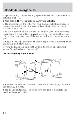 Roadside emergencies 
adaptive learning process will fully update transmission operation to its 
optimum shift feel. 
1. Use only a 12–volt supply to start your vehicle. 
2. Do not disconnect the battery of your disabled vehicle as this could 
damage the vehicle’s electrical system. Keep the battery vent hose 
attached at all times. 
3. Park the booster vehicle close to the trunk of your disabled vehicle 
making sure the two vehicles do not touch. Set the parking brake on 
both vehicles and stay clear of the engine cooling fan and other moving 
parts. 
4. Check all battery terminals and remove any excessive corrosion before 
you attach the battery cables. 
5. Turn the heater fan on in both vehicles to protect any electrical 
surges. Turn all other accessories off. 
Connecting the jumper cables 
+ 
– 
+ 
– 
1. Connect the positive (+) booster cable to the positive (+) terminal of 
the discharged battery. 
Note: In the illustrations, lightning bolts are used to designate the 
assisting (boosting) battery. 
186 
 