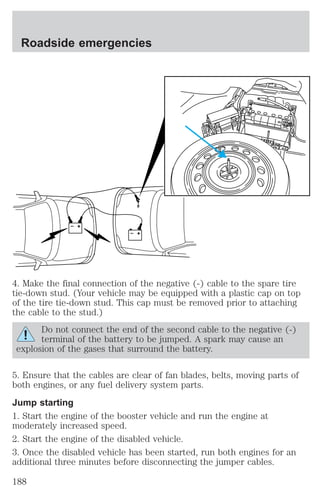 Roadside emergencies 
+ 
– 
+ 
– 
4. Make the final connection of the negative (-) cable to the spare tire 
tie-down stud. (Your vehicle may be equipped with a plastic cap on top 
of the tire tie-down stud. This cap must be removed prior to attaching 
the cable to the stud.) 
Do not connect the end of the second cable to the negative (-) 
terminal of the battery to be jumped. A spark may cause an 
explosion of the gases that surround the battery. 
5. Ensure that the cables are clear of fan blades, belts, moving parts of 
both engines, or any fuel delivery system parts. 
Jump starting 
1. Start the engine of the booster vehicle and run the engine at 
moderately increased speed. 
2. Start the engine of the disabled vehicle. 
3. Once the disabled vehicle has been started, run both engines for an 
additional three minutes before disconnecting the jumper cables. 
188 
 
