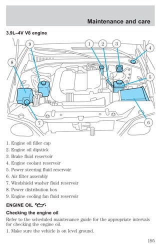 3.9L–4V V8 engine 
9 
8 
Maintenance and care 
4 
1 2 3 
5 
7 6 
1. Engine oil filler cap 
2. Engine oil dipstick 
3. Brake fluid reservoir 
4. Engine coolant reservoir 
5. Power steering fluid reservoir 
6. Air filter assembly 
7. Windshield washer fluid reservoir 
8. Power distribution box 
9. Engine cooling fan fluid reservoir 
ENGINE OIL 
Checking the engine oil 
Refer to the scheduled maintenance guide for the appropriate intervals 
for checking the engine oil. 
1. Make sure the vehicle is on level ground. 
195 
 
