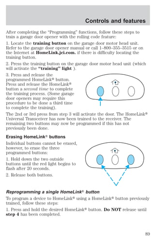 Controls and features 
After completing the “Programming” functions, follow these steps to 
train a garage door opener with the rolling code feature: 
1. Locate the training button on the garage door motor head unit. 
Refer to the garage door opener manual or call 1–800–355–3515 or on 
the Internet at HomeLink.jci.com. if there is difficulty locating the 
training button. 
2. Press the training button on the garage door motor head unit (which 
will activate the “training” light ). 
3. Press and release the 
programmed HomeLinkt button. 
Press and release the HomeLinkt 
button a second time to complete 
the training process. (Some garage 
door openers may require this 
procedure to be done a third time 
to complete the training). 
The 2nd or 3rd press from step 3 will activate the door. The HomeLinkt 
Universal Transceiver has now been trained to the receiver. The 
remaining two buttons may now be programmed if this has not 
previously been done. 
Erasing HomeLinkT buttons 
Individual buttons cannot be erased, 
however, to erase the three 
programmed buttons: 
1. Hold down the two outside 
buttons until the red light begins to 
flash after 20 seconds. 
2. Release both buttons. 
Reprogramming a single HomeLinkT button 
To program a device to HomeLinkt using a HomeLinkt button previously 
trained, follow these steps: 
1. Press and hold the desired HomeLinkt button. Do NOT release until 
step 4 has been completed. 
89 
 