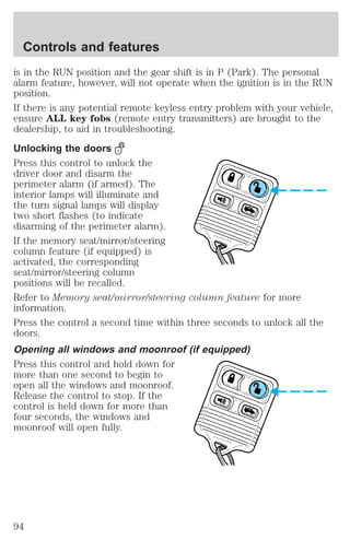 Controls and features 
is in the RUN position and the gear shift is in P (Park). The personal 
alarm feature, however, will not operate when the ignition is in the RUN 
position. 
If there is any potential remote keyless entry problem with your vehicle, 
ensure ALL key fobs (remote entry transmitters) are brought to the 
dealership, to aid in troubleshooting. 
Unlocking the doors 
Press this control to unlock the 
driver door and disarm the 
perimeter alarm (if armed). The 
interior lamps will illuminate and 
the turn signal lamps will display 
two short flashes (to indicate 
disarming of the perimeter alarm). 
If the memory seat/mirror/steering 
column feature (if equipped) is 
activated, the corresponding 
seat/mirror/steering column 
positions will be recalled. 
Refer to Memory seat/mirror/steering column feature for more 
information. 
Press the control a second time within three seconds to unlock all the 
doors. 
Opening all windows and moonroof (if equipped) 
Press this control and hold down for 
more than one second to begin to 
open all the windows and moonroof. 
Release the control to stop. If the 
control is held down for more than 
four seconds, the windows and 
moonroof will open fully. 
94 
 