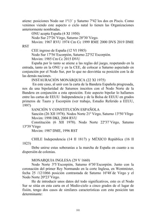 atiene: posiciones Nodo sur 1º13´ y Saturno 7º42´los dos en Piscis. Como
venimos viendo este aspecto o ciclo natal lo tienen las Organizaciones
anteriormente nombradas.
       ONU acepta España (4 XI 1950)
       Nodo Sur 27º26´Virgo, Saturno 28º30´Virgo.
       Movim: 1967 RVU 1974 Cm Cc 1999 RME 2000 DVS 2019 DME
RST
       CEE ingreso de España (12 VI 1985)
       Nodo Sur 17º56´Escorpión, Saturno 22º52´Escorpión.
       Movim: 1985 Cm Cc 2015 DVU
       España por lo tanto se atiene a las reglas del juego, respetando en la
entrada, tanto en la ONU y en la CEE, de colocar a Saturno aspectado en
conjunción por el Nodo Sur, por lo que no desvirtúa su posición con la de
las demás naciones.
       INSTAURACIÓN MONÁRQUICA (22 XI 1975)
        En este caso, al unir con la carta de la Bandera Española progresada,
nos da una bipolaridad de Saturnos inscritos con el Nodo Norte de la
Bandera en conjunción a esta oposición. Este aspecto bipolar lo hallamos
entre las cartas de EEUU Independencia y de la Bolsa de EEUU en grados
primeros de Tauro y Escorpión (ver trabajo, Estudio Referido a EEUU,
1997)
       SANCIÓN Y CONSTITUCIÓN ESPAÑOLA
       Sanción (26 XII 1978). Nodos Norte 21º Virgo, Saturno 13º50´VIrgo
       Movim: 1998 DKI, 2004 RVU
       Constitución (6 XII 1978). Nodo Norte 22º37´Virgo, Saturno
13º39´Virgo
       Movim: 1987 DME, 1996 RST

        CHILE Independencia (14 II 1817) y MÉXICO República (16 II
1823)
      Debe unirse estas soberanías a la marcha de España en cuanto a su
dispersión de colonias.

       MONARQUIA INGLESA (29 V 1660)
       Nodo Norte 3º5´Escorpión, Saturno 6º30´Escorpión. Junto con la
coronación del primer Rey Normando en la corte Inglesa, en Wentmister,
fecha 25 /12/1066 posición contrastada de Saturno 16º48´de Virgo y el
Nodo Norte 20º23¨Virgo.
       He de introducir unos datos del todo significativos, esto es el Nodo
Sur se sitúa en esta carta en el Medio-cielo a cinco grados de el lugar de
fisión, tengo dos casos de similares características con esta posición tan
determinante:



                                     101
 