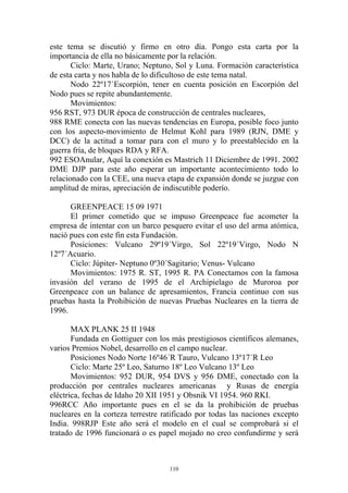 este tema se discutió y firmo en otro día. Pongo esta carta por la
importancia de ella no básicamente por la relación.
       Ciclo: Marte, Urano; Neptuno, Sol y Luna. Formación característica
de esta carta y nos habla de lo dificultoso de este tema natal.
       Nodo 22º17´Escorpión, tener en cuenta posición en Escorpión del
Nodo pues se repite abundantemente.
       Movimientos:
956 RST, 973 DUR época de construcción de centrales nucleares,
988 RME conecta con las nuevas tendencias en Europa, posible foco junto
con los aspecto-movimiento de Helmut Kohl para 1989 (RJN, DME y
DCC) de la actitud a tomar para con el muro y lo preestablecido en la
guerra fría, de bloques RDA y RFA.
992 ESOAnular, Aquí la conexión es Mastrich 11 Diciembre de 1991. 2002
DME DJP para este año esperar un importante acontecimiento todo lo
relacionado con la CEE, una nueva etapa de expansión donde se juzgue con
amplitud de miras, apreciación de indiscutible poderío.

      GREENPEACE 15 09 1971
      El primer cometido que se impuso Greenpeace fue acometer la
empresa de intentar con un barco pesquero evitar el uso del arma atómica,
nació pues con este fin esta Fundación.
      Posiciones: Vulcano 29º19´Virgo, Sol 22º19´Virgo, Nodo N
12º7´Acuario.
      Ciclo: Júpiter- Neptuno 0º30´Sagitario; Venus- Vulcano
      Movimientos: 1975 R. ST, 1995 R. PA Conectamos con la famosa
invasión del verano de 1995 de el Archipielago de Muroroa por
Greenpeace con un balance de apresamientos, Francia continuo con sus
pruebas hasta la Prohibición de nuevas Pruebas Nucleares en la tierra de
1996.

       MAX PLANK 25 II 1948
       Fundada en Gottiguer con los más prestigiosos científicos alemanes,
varios Premios Nobel, desarrollo en el campo nuclear.
       Posiciones Nodo Norte 16º46´R Tauro, Vulcano 13º17´R Leo
       Ciclo: Marte 25º Leo, Saturno 18º Leo Vulcano 13º Leo
       Movimientos: 952 DUR, 954 DVS y 956 DME, conectado con la
producción por centrales nucleares americanas y Rusas de energía
eléctrica, fechas de Idaho 20 XII 1951 y Obsnik VI 1954. 960 RKI.
996RCC Año importante pues en el se da la prohibición de pruebas
nucleares en la corteza terrestre ratificado por todas las naciones excepto
India. 998RJP Este año será el modelo en el cual se comprobará si el
tratado de 1996 funcionará o es papel mojado no creo confundirme y será



                                    110
 