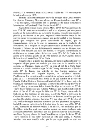 de 1492, si le restamos 8 años a 1785, nos da la cifra de 1777, muy cerca de
la Independencia de EUA.
       Primero vaso esta afirmación en que se destacan en la Carta: primero
los planetas Vulcano y Neptuno además de Urano situándose entre 11º a
15º de los signos, coincidiendo con los planetas de la nueva instauración
Monárquica en España del 22 de Noviembre de 1975.
       Segundo la zona en la que se sitúa Marte 21º58´de Piscis junto con la
casa VIII 24º, tiene una trascendencia del nivel siguiente, por este punto
pasaba en la independencia de Argentina Vulcano, creando una muerte o
perdida y un renacer de un país, Argentina como muchos otros de los
nuevos países iberoamericanos creados con posterioridad a esta bandera,
puede que renegaran del poder centralizado de España, que se
independizaran, pero de lo que no renegaron, era de la tradición de
costumbres, de la religión, de lo que forma en sí la unidad de los pueblos
hispanos y latinos, es una independencia necesaria en los tiempos que
corrían, esta bandera que nace sin fisuras, se desgrana sembrandose al
desilacharse en nuevos países. Sobre este punto 22º a 24º de Piscis, en la
guerra civil española pasaba en el 1936 Saturno, en 1939 Júpiter. Simón
Bolivar tiene el Nodo Norte 21º de Piscis.
       Tercero este es el punto más delicado, sin trabajos colaterales me veo
un poco a ciegas, puede que también por estar cerca de las estrellas de la
ceguera, las Pleyades. Bueno en 27º51´se sitúa el Sol de la Carta lugar
cercano a la estrella maléfica Algol 24º de Tauro y mas cercano el Medio-
cielo 25º de Tauro, esta estrella no trae buenos augurios, el
desmembramiento del Imperio Español, es suficiente muestra.
Posiblemente los recientes poderes masónicos ingleses, creados el 24 de
junio de 1717, necesitasen una fuente de la que surtirse en el caso de
España. Carlos III sitúa a Júpiter en el Medio-Cielo 25º de Tauro, sujeta la
balanza, la culminación de la justicia. Decir que las estrellas se mueven, 1º
cada 72 años y en nuestras fechas la estrella Algol se encuentra en 26º de
Tauro. Hacer mención de que Alfonso XIII nace con la dificultad solar de
situar al Sol el 17 de mayo de 1886 en 27º de Tauro, destacando la
tradición de los Borbones en esta zona, la estrella Algol la representa la
Cabeza de Medusa, tiene las características de Saturno, otro Rey que nace
con las dificultades solares es Fernando VII que situa en 21,5º de Libra al
Sol, son los dos reyes Borbones españoles con más problemas de regencia,
Isabel II como su padre tiene la dificultad solar de nacer con el Sol 17º de
Libra, exaltación de Saturno opuesta a la del Sol, fue destronada por la
República, solo doy aquí estos detalles aunque sus cartas incluyen más
acontecimientos.Otros personajes con esta posición solar en el nacimiento,
son Mose Dayan y el caso de Juan Pablo II en un eclipse de Sol en 27º de
Tauro, tambien el otro lider espiritual en este caso arabe, el Ayatola
Jomeine tiene esta posición solar, por lo que Algol puede no tener un


                                     162
 
