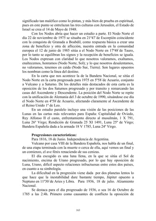 significado tan maléfico como lo pintan, y más bien de prueba en espiritual,
pues en este punto se entrelazan las tres culturas con Jerusalen, el Estado de
Israel se crea el 14 de Mayo de 1948.
       Con los Nodos abría que hacer un estudio a parte. El Nodo Norte el
día 22 de noviembre de 1975 se situaba en 21º47´de Escorpión coincidente
con la conquista de Granada a Boabdil, como respuesta básica a crear una
zona de beneficio y otra de aflicción, nuestra entrada en la comunidad
europea el 12 de junio de 1985 sitúa a el Nodo Norte en 17º48´de Tauro,
por lo tanto se equilibran los signos y la recepción de beneficios se iguala.
Los Nodos expresan con claridad lo que nosotros valoramos, exaltamos,
enaltecemos, honramos (Nodo Norte, Sol); y lo que nosotros desalentamos,
no valoramos, tenemos en caída (Nodo Sur, Tierra). Son lugares opuestos
los nombran como la línea del destino.
       En la carta que nos acontece la de la Bandera Nacional, se sitúa el
Nodo Norte en la carta progresada para 1975 en 5º58´de Acuario, conjunto
a Vulcano y a Saturno. De los detalles más destacados de esta carta es la
oposición de los dos Saturnos progresado y por transito y remarcando las
casas del Ascendente y Descendente. La posición del Nodo Norte se repite
con la unificación de Alemania del 3 de octubre de 1990, situándose ese día
el Nodo Norte en 4º58´de Acuario, afectando claramente al Ascendente de
el Reino Unido 1º de Leo.
       En un estudio paralelo incluyo una visión de las posiciones de las
Lunas en las cartas más relevantes para España: Capitalidad de Oviedo,
Rey Alfonso II el casto, enfrentamiento directo al musulmán, 1 X 791,
Luna 26º Virgo; Rendición de Granada 25 XI 1491, Luna 25º de Virgo;
Bandera Española dada a la armada 18 V 1785, Luna 24º Virgo.

      Progresiones características:
      Para 1816, 18 de Junio. Independencia de Argentina.
      Vulcano por casa VIII de la Bandera Española, nos habla de un final,
de una etapa terminada con la muerte o cerca de ella, aquí vemos un final y
un comienzo, el ave fénix renaciendo de sus cenizas.
      El día escogido es una luna llena, en la que se sitúa el Sol de
nacimiento, encima de Urano progresado, por lo que hay oposición de
Luna, Urano, difícil aspecto relaciones infructuosas entre estos dos países,
en cuanto a su simbología.
      La dificultad en la progresión viene dada por dos planetas lentos lo
que hace que la inestabilidad dure bastante tiempo, Júpiter opuesto a
Neptuno en 11º30´de Aries y Libra. Para 1936, 18 de julio. Alzamiento
Nacional.
      Se destaca para el día progresado de 1936, o sea 16 de Octubre de
1785 a las 2:4h. Primero como causantes de conflicto la oposición de



                                     163
 