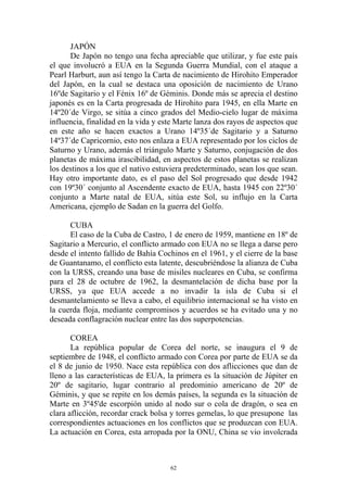 JAPÓN
      De Japón no tengo una fecha apreciable que utilizar, y fue este país
el que involucró a EUA en la Segunda Guerra Mundial, con el ataque a
Pearl Harburt, aun así tengo la Carta de nacimiento de Hirohito Emperador
del Japón, en la cual se destaca una oposición de nacimiento de Urano
16ºde Sagitario y el Fénix 16º de Géminis. Donde más se aprecia el destino
japonés es en la Carta progresada de Hirohito para 1945, en ella Marte en
14º20´de Virgo, se sitúa a cinco grados del Medio-cielo lugar de máxima
influencia, finalidad en la vida y este Marte lanza dos rayos de aspectos que
en este año se hacen exactos a Urano 14º35´de Sagitario y a Saturno
14º37´de Capricornio, esto nos enlaza a EUA representado por los ciclos de
Saturno y Urano, además el triángulo Marte y Saturno, conjugación de dos
planetas de máxima irascibilidad, en aspectos de estos planetas se realizan
los destinos a los que el nativo estuviera predeterminado, sean los que sean.
Hay otro importante dato, es el paso del Sol progresado que desde 1942
con 19º30´ conjunto al Ascendente exacto de EUA, hasta 1945 con 22º30´
conjunto a Marte natal de EUA, sitúa este Sol, su influjo en la Carta
Americana, ejemplo de Sadan en la guerra del Golfo.

      CUBA
      El caso de la Cuba de Castro, 1 de enero de 1959, mantiene en 18º de
Sagitario a Mercurio, el conflicto armado con EUA no se llega a darse pero
desde el intento fallido de Bahía Cochinos en el 1961, y el cierre de la base
de Guantanamo, el conflicto esta latente, descubriéndose la alianza de Cuba
con la URSS, creando una base de misiles nucleares en Cuba, se confirma
para el 28 de octubre de 1962, la desmantelación de dicha base por la
URSS, ya que EUA accede a no invadir la isla de Cuba si el
desmantelamiento se lleva a cabo, el equilibrio internacional se ha visto en
la cuerda floja, mediante compromisos y acuerdos se ha evitado una y no
deseada conflagración nuclear entre las dos superpotencias.

       COREA
       La república popular de Corea del norte, se inaugura el 9 de
septiembre de 1948, el conflicto armado con Corea por parte de EUA se da
el 8 de junio de 1950. Nace esta república con dos aflicciones que dan de
lleno a las características de EUA, la primera es la situación de Júpiter en
20º de sagitario, lugar contrario al predominio americano de 20º de
Géminis, y que se repite en los demás países, la segunda es la situación de
Marte en 3º45'de escorpión unido al nodo sur o cola de dragón, o sea en
clara aflicción, recordar crack bolsa y torres gemelas, lo que presupone las
correspondientes actuaciones en los conflictos que se produzcan con EUA.
La actuación en Corea, esta arropada por la ONU, China se vio involcrada



                                     62
 