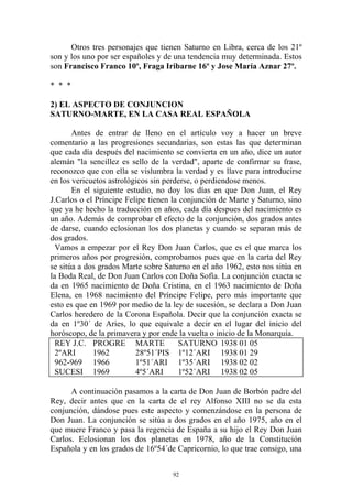 Otros tres personajes que tienen Saturno en Libra, cerca de los 21º
son y los uno por ser españoles y de una tendencia muy determinada. Estos
son Francisco Franco 10º, Fraga Iribarne 16º y Jose María Aznar 27º.

* * *

2) EL ASPECTO DE CONJUNCION
SATURNO-MARTE, EN LA CASA REAL ESPAÑOLA

       Antes de entrar de lleno en el artículo voy a hacer un breve
comentario a las progresiones secundarias, son estas las que determinan
que cada día después del nacimiento se convierta en un año, dice un autor
alemán "la sencillez es sello de la verdad", aparte de confirmar su frase,
reconozco que con ella se vislumbra la verdad y es llave para introducirse
en los vericuetos astrológicos sin perderse, o perdiendose menos.
       En el siguiente estudio, no doy los días en que Don Juan, el Rey
J.Carlos o el Príncipe Felipe tienen la conjunción de Marte y Saturno, sino
que ya he hecho la traducción en años, cada día despues del nacimiento es
un año. Además de comprobar el efecto de la conjunción, dos grados antes
de darse, cuando eclosionan los dos planetas y cuando se separan más de
dos grados.
  Vamos a empezar por el Rey Don Juan Carlos, que es el que marca los
primeros años por progresión, comprobamos pues que en la carta del Rey
se sitúa a dos grados Marte sobre Saturno en el año 1962, esto nos sitúa en
la Boda Real, de Don Juan Carlos con Doña Sofía. La conjunción exacta se
da en 1965 nacimiento de Doña Cristina, en el 1963 nacimiento de Doña
Elena, en 1968 nacimiento del Príncipe Felipe, pero más importante que
esto es que en 1969 por medio de la ley de sucesión, se declara a Don Juan
Carlos heredero de la Corona Española. Decir que la conjunción exacta se
da en 1º30´ de Aries, lo que equivale a decir en el lugar del inicio del
horóscopo, de la primavera y por ende la vuelta o inicio de la Monarquía.
  REY J.C. PROGRE MARTE                 SATURNO 1938 01 05
  2ºARI      1962         28º51´PIS 1º12´ARI 1938 01 29
  962-969 1966            1º51´ARI 1º35´ARI 1938 02 02
  SUCESI 1969             4º5´ARI       1º52´ARI 1938 02 05

      A continuación pasamos a la carta de Don Juan de Borbón padre del
Rey, decir antes que en la carta de el rey Alfonso XIII no se da esta
conjunción, dándose pues este aspecto y comenzándose en la persona de
Don Juan. La conjunción se sitúa a dos grados en el año 1975, año en el
que muere Franco y pasa la regencia de España a su hijo el Rey Don Juan
Carlos. Eclosionan los dos planetas en 1978, año de la Constitución
Española y en los grados de 16º54´de Capricornio, lo que trae consigo, una


                                    92
 