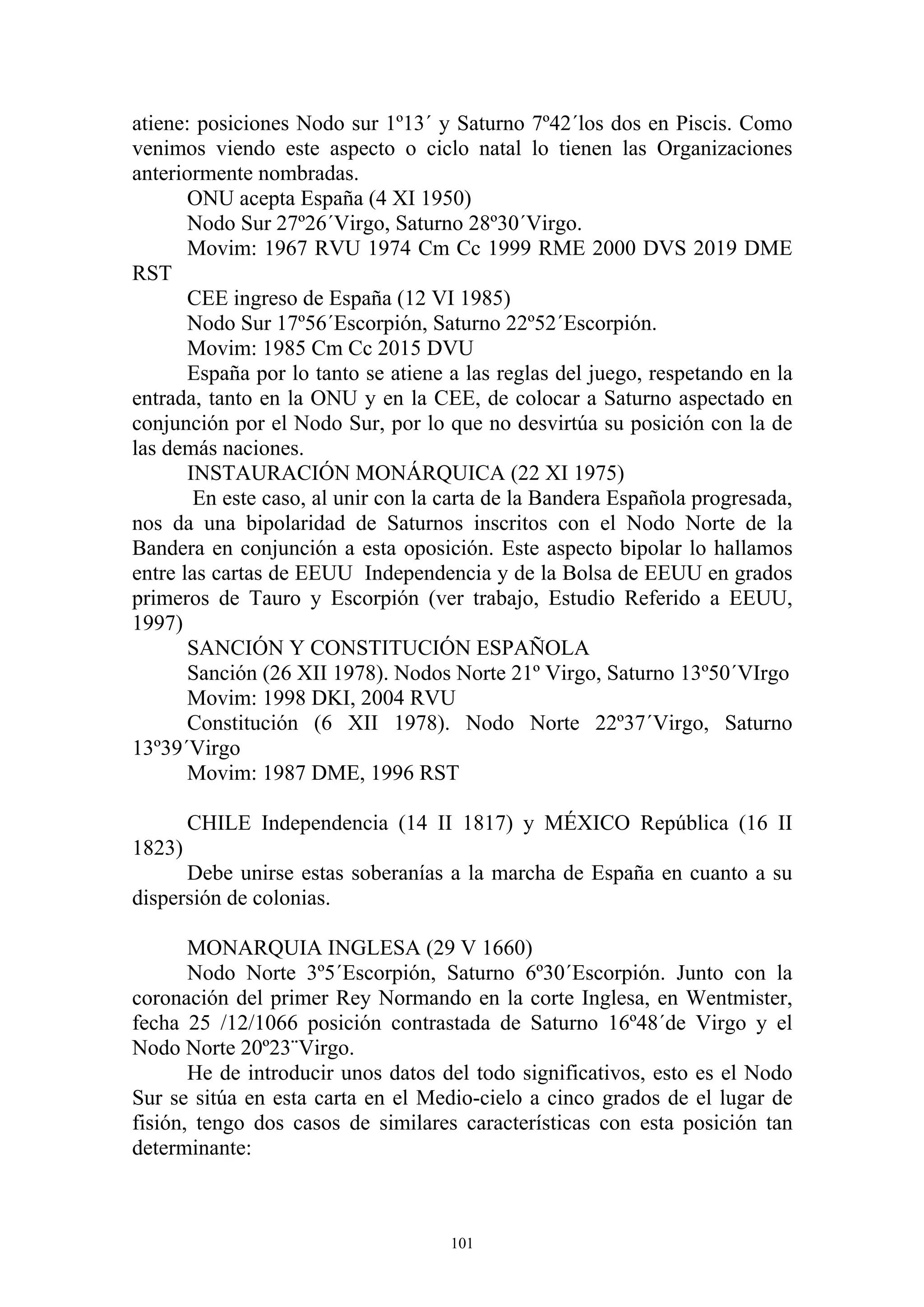 atiene: posiciones Nodo sur 1º13´ y Saturno 7º42´los dos en Piscis. Como
venimos viendo este aspecto o ciclo natal lo tienen las Organizaciones
anteriormente nombradas.
       ONU acepta España (4 XI 1950)
       Nodo Sur 27º26´Virgo, Saturno 28º30´Virgo.
       Movim: 1967 RVU 1974 Cm Cc 1999 RME 2000 DVS 2019 DME
RST
       CEE ingreso de España (12 VI 1985)
       Nodo Sur 17º56´Escorpión, Saturno 22º52´Escorpión.
       Movim: 1985 Cm Cc 2015 DVU
       España por lo tanto se atiene a las reglas del juego, respetando en la
entrada, tanto en la ONU y en la CEE, de colocar a Saturno aspectado en
conjunción por el Nodo Sur, por lo que no desvirtúa su posición con la de
las demás naciones.
       INSTAURACIÓN MONÁRQUICA (22 XI 1975)
        En este caso, al unir con la carta de la Bandera Española progresada,
nos da una bipolaridad de Saturnos inscritos con el Nodo Norte de la
Bandera en conjunción a esta oposición. Este aspecto bipolar lo hallamos
entre las cartas de EEUU Independencia y de la Bolsa de EEUU en grados
primeros de Tauro y Escorpión (ver trabajo, Estudio Referido a EEUU,
1997)
       SANCIÓN Y CONSTITUCIÓN ESPAÑOLA
       Sanción (26 XII 1978). Nodos Norte 21º Virgo, Saturno 13º50´VIrgo
       Movim: 1998 DKI, 2004 RVU
       Constitución (6 XII 1978). Nodo Norte 22º37´Virgo, Saturno
13º39´Virgo
       Movim: 1987 DME, 1996 RST

        CHILE Independencia (14 II 1817) y MÉXICO República (16 II
1823)
      Debe unirse estas soberanías a la marcha de España en cuanto a su
dispersión de colonias.

       MONARQUIA INGLESA (29 V 1660)
       Nodo Norte 3º5´Escorpión, Saturno 6º30´Escorpión. Junto con la
coronación del primer Rey Normando en la corte Inglesa, en Wentmister,
fecha 25 /12/1066 posición contrastada de Saturno 16º48´de Virgo y el
Nodo Norte 20º23¨Virgo.
       He de introducir unos datos del todo significativos, esto es el Nodo
Sur se sitúa en esta carta en el Medio-cielo a cinco grados de el lugar de
fisión, tengo dos casos de similares características con esta posición tan
determinante:



                                     101
 