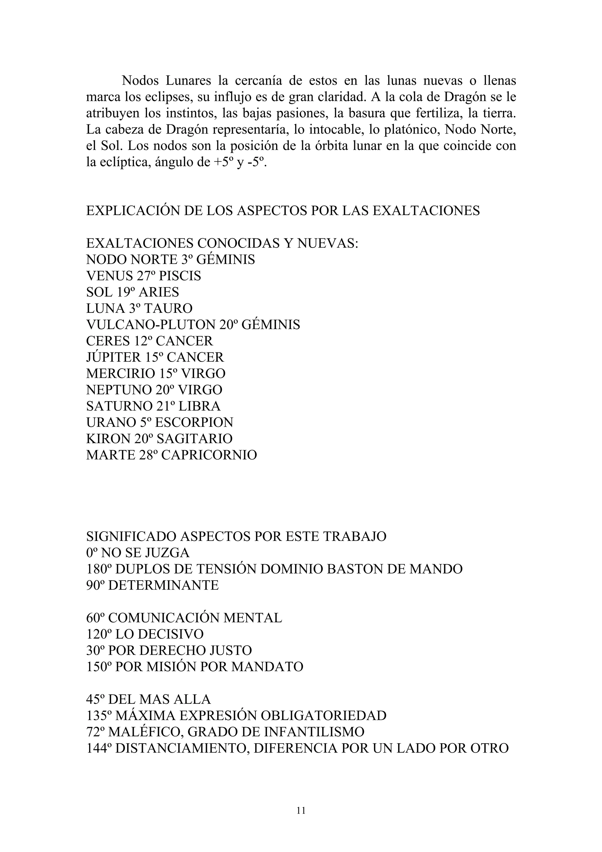 Nodos Lunares la cercanía de estos en las lunas nuevas o llenas
marca los eclipses, su influjo es de gran claridad. A la cola de Dragón se le
atribuyen los instintos, las bajas pasiones, la basura que fertiliza, la tierra.
La cabeza de Dragón representaría, lo intocable, lo platónico, Nodo Norte,
el Sol. Los nodos son la posición de la órbita lunar en la que coincide con
la eclíptica, ángulo de +5º y -5º.


EXPLICACIÓN DE LOS ASPECTOS POR LAS EXALTACIONES

EXALTACIONES CONOCIDAS Y NUEVAS:
NODO NORTE 3º GÉMINIS
VENUS 27º PISCIS
SOL 19º ARIES
LUNA 3º TAURO
VULCANO-PLUTON 20º GÉMINIS
CERES 12º CANCER
JÚPITER 15º CANCER
MERCIRIO 15º VIRGO
NEPTUNO 20º VIRGO
SATURNO 21º LIBRA
URANO 5º ESCORPION
KIRON 20º SAGITARIO
MARTE 28º CAPRICORNIO




SIGNIFICADO ASPECTOS POR ESTE TRABAJO
0º NO SE JUZGA
180º DUPLOS DE TENSIÓN DOMINIO BASTON DE MANDO
90º DETERMINANTE

60º COMUNICACIÓN MENTAL
120º LO DECISIVO
30º POR DERECHO JUSTO
150º POR MISIÓN POR MANDATO

45º DEL MAS ALLA
135º MÁXIMA EXPRESIÓN OBLIGATORIEDAD
72º MALÉFICO, GRADO DE INFANTILISMO
144º DISTANCIAMIENTO, DIFERENCIA POR UN LADO POR OTRO



                                       11
 
