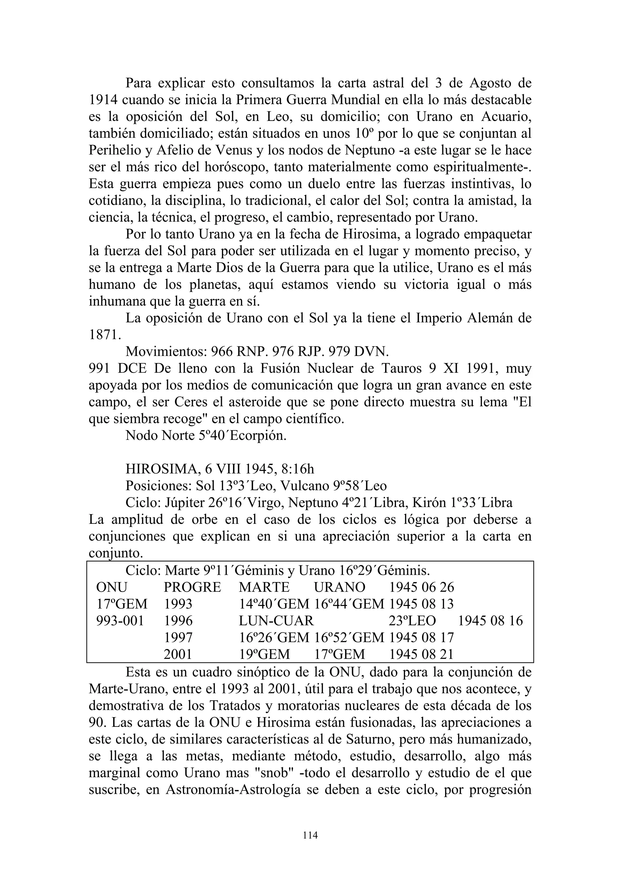 Para explicar esto consultamos la carta astral del 3 de Agosto de
1914 cuando se inicia la Primera Guerra Mundial en ella lo más destacable
es la oposición del Sol, en Leo, su domicilio; con Urano en Acuario,
también domiciliado; están situados en unos 10º por lo que se conjuntan al
Perihelio y Afelio de Venus y los nodos de Neptuno -a este lugar se le hace
ser el más rico del horóscopo, tanto materialmente como espiritualmente-.
Esta guerra empieza pues como un duelo entre las fuerzas instintivas, lo
cotidiano, la disciplina, lo tradicional, el calor del Sol; contra la amistad, la
ciencia, la técnica, el progreso, el cambio, representado por Urano.
       Por lo tanto Urano ya en la fecha de Hirosima, a logrado empaquetar
la fuerza del Sol para poder ser utilizada en el lugar y momento preciso, y
se la entrega a Marte Dios de la Guerra para que la utilice, Urano es el más
humano de los planetas, aquí estamos viendo su victoria igual o más
inhumana que la guerra en sí.
       La oposición de Urano con el Sol ya la tiene el Imperio Alemán de
1871.
       Movimientos: 966 RNP. 976 RJP. 979 DVN.
991 DCE De lleno con la Fusión Nuclear de Tauros 9 XI 1991, muy
apoyada por los medios de comunicación que logra un gran avance en este
campo, el ser Ceres el asteroide que se pone directo muestra su lema "El
que siembra recoge" en el campo científico.
       Nodo Norte 5º40´Ecorpión.

       HIROSIMA, 6 VIII 1945, 8:16h
       Posiciones: Sol 13º3´Leo, Vulcano 9º58´Leo
       Ciclo: Júpiter 26º16´Virgo, Neptuno 4º21´Libra, Kirón 1º33´Libra
La amplitud de orbe en el caso de los ciclos es lógica por deberse a
conjunciones que explican en si una apreciación superior a la carta en
conjunto.
       Ciclo: Marte 9º11´Géminis y Urano 16º29´Géminis.
 ONU          PROGRE MARTE               URANO        1945 06 26
 17ºGEM 1993               14º40´GEM 16º44´GEM 1945 08 13
 993-001 1996              LUN-CUAR                   23ºLEO 1945 08 16
              1997         16º26´GEM 16º52´GEM 1945 08 17
              2001         19ºGEM        17ºGEM       1945 08 21
       Esta es un cuadro sinóptico de la ONU, dado para la conjunción de
Marte-Urano, entre el 1993 al 2001, útil para el trabajo que nos acontece, y
demostrativa de los Tratados y moratorias nucleares de esta década de los
90. Las cartas de la ONU e Hirosima están fusionadas, las apreciaciones a
este ciclo, de similares características al de Saturno, pero más humanizado,
se llega a las metas, mediante método, estudio, desarrollo, algo más
marginal como Urano mas "snob" -todo el desarrollo y estudio de el que
suscribe, en Astronomía-Astrología se deben a este ciclo, por progresión


                                       114
 