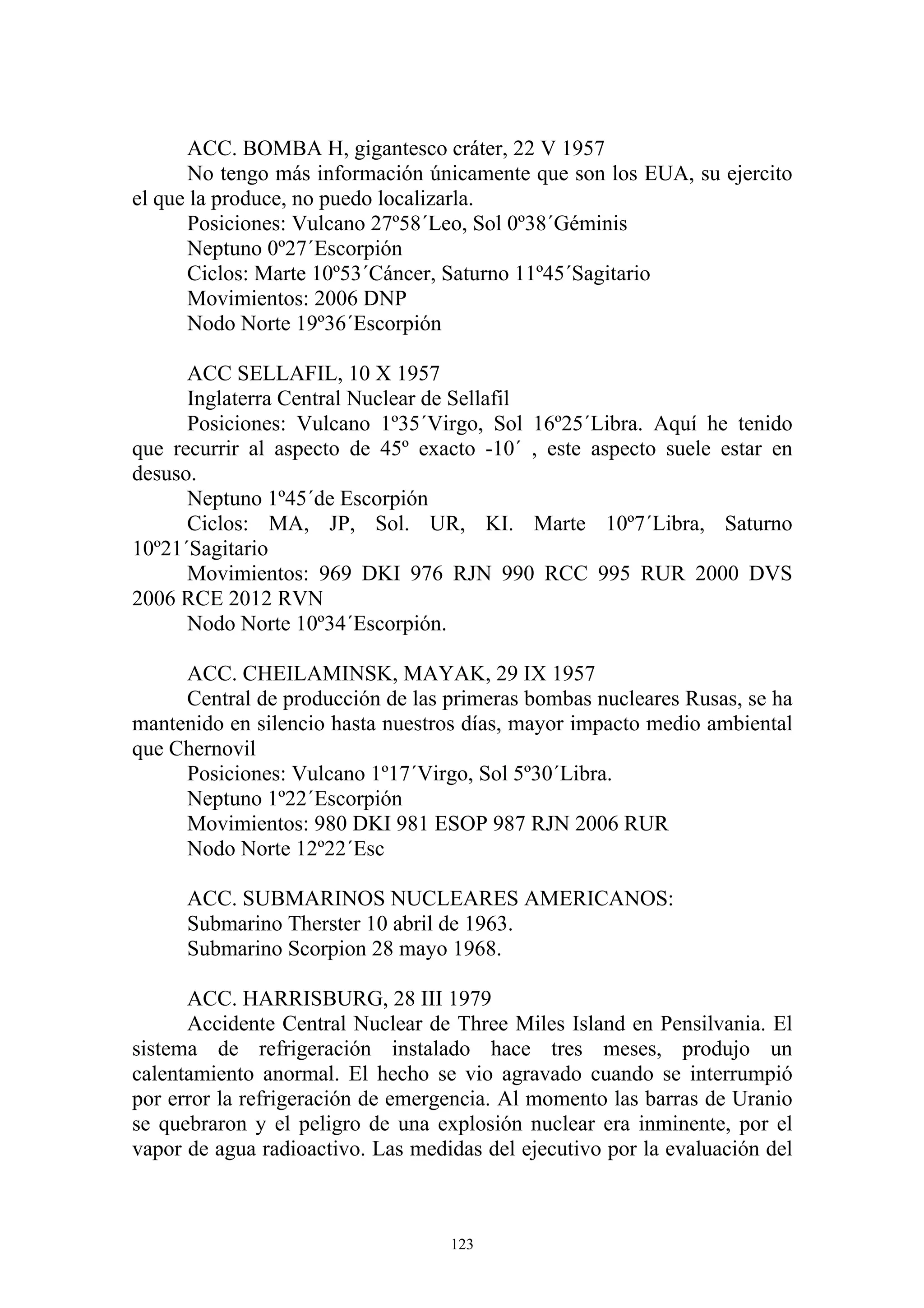 ACC. BOMBA H, gigantesco cráter, 22 V 1957
      No tengo más información únicamente que son los EUA, su ejercito
el que la produce, no puedo localizarla.
      Posiciones: Vulcano 27º58´Leo, Sol 0º38´Géminis
      Neptuno 0º27´Escorpión
      Ciclos: Marte 10º53´Cáncer, Saturno 11º45´Sagitario
      Movimientos: 2006 DNP
      Nodo Norte 19º36´Escorpión

      ACC SELLAFIL, 10 X 1957
      Inglaterra Central Nuclear de Sellafil
      Posiciones: Vulcano 1º35´Virgo, Sol 16º25´Libra. Aquí he tenido
que recurrir al aspecto de 45º exacto -10´ , este aspecto suele estar en
desuso.
      Neptuno 1º45´de Escorpión
      Ciclos: MA, JP, Sol. UR, KI. Marte 10º7´Libra, Saturno
10º21´Sagitario
      Movimientos: 969 DKI 976 RJN 990 RCC 995 RUR 2000 DVS
2006 RCE 2012 RVN
      Nodo Norte 10º34´Escorpión.

     ACC. CHEILAMINSK, MAYAK, 29 IX 1957
     Central de producción de las primeras bombas nucleares Rusas, se ha
mantenido en silencio hasta nuestros días, mayor impacto medio ambiental
que Chernovil
     Posiciones: Vulcano 1º17´Virgo, Sol 5º30´Libra.
     Neptuno 1º22´Escorpión
     Movimientos: 980 DKI 981 ESOP 987 RJN 2006 RUR
     Nodo Norte 12º22´Esc

      ACC. SUBMARINOS NUCLEARES AMERICANOS:
      Submarino Therster 10 abril de 1963.
      Submarino Scorpion 28 mayo 1968.

      ACC. HARRISBURG, 28 III 1979
      Accidente Central Nuclear de Three Miles Island en Pensilvania. El
sistema de refrigeración instalado hace tres meses, produjo un
calentamiento anormal. El hecho se vio agravado cuando se interrumpió
por error la refrigeración de emergencia. Al momento las barras de Uranio
se quebraron y el peligro de una explosión nuclear era inminente, por el
vapor de agua radioactivo. Las medidas del ejecutivo por la evaluación del



                                   123
 