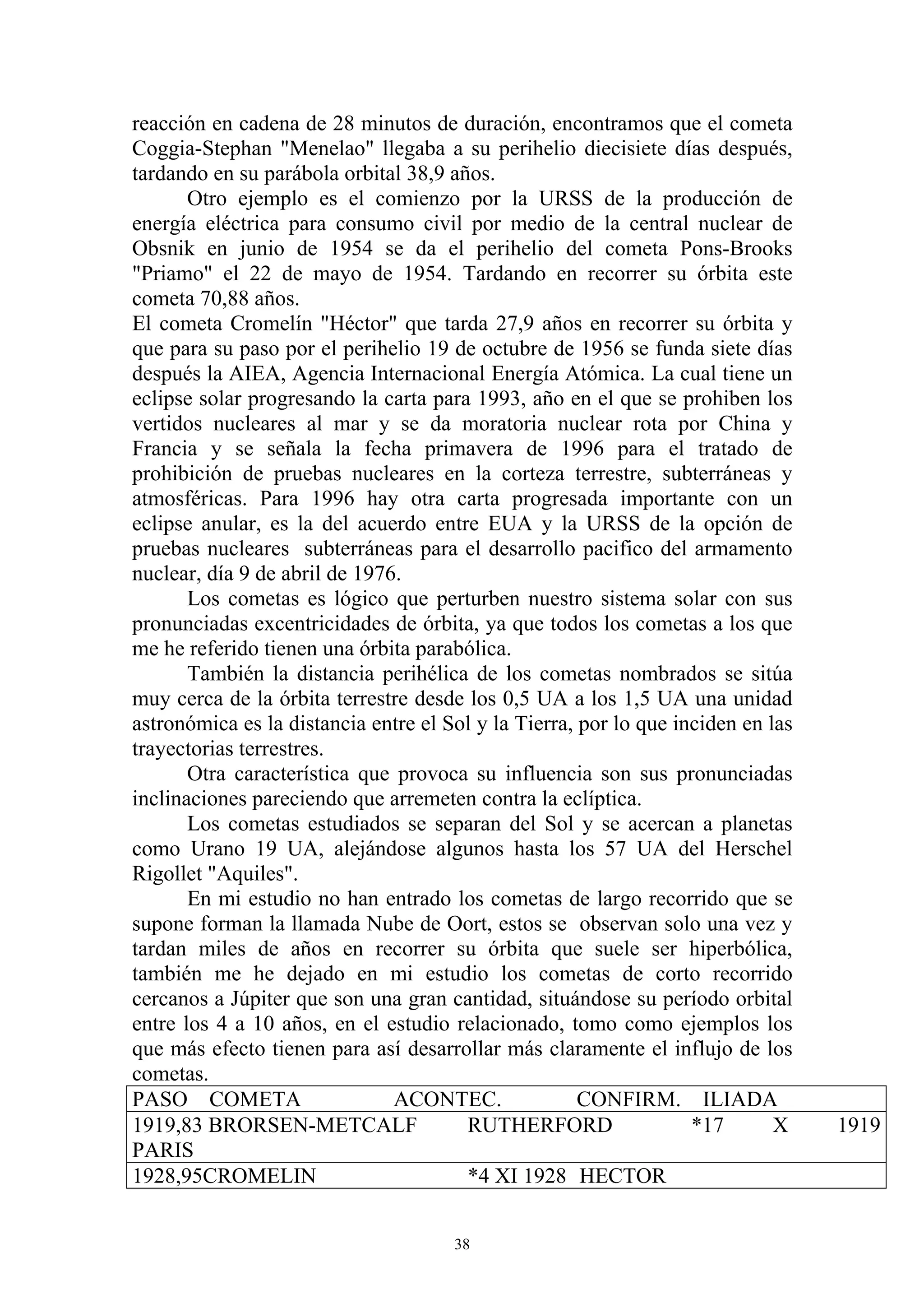 reacción en cadena de 28 minutos de duración, encontramos que el cometa
Coggia-Stephan "Menelao" llegaba a su perihelio diecisiete días después,
tardando en su parábola orbital 38,9 años.
       Otro ejemplo es el comienzo por la URSS de la producción de
energía eléctrica para consumo civil por medio de la central nuclear de
Obsnik en junio de 1954 se da el perihelio del cometa Pons-Brooks
"Priamo" el 22 de mayo de 1954. Tardando en recorrer su órbita este
cometa 70,88 años.
El cometa Cromelín "Héctor" que tarda 27,9 años en recorrer su órbita y
que para su paso por el perihelio 19 de octubre de 1956 se funda siete días
después la AIEA, Agencia Internacional Energía Atómica. La cual tiene un
eclipse solar progresando la carta para 1993, año en el que se prohiben los
vertidos nucleares al mar y se da moratoria nuclear rota por China y
Francia y se señala la fecha primavera de 1996 para el tratado de
prohibición de pruebas nucleares en la corteza terrestre, subterráneas y
atmosféricas. Para 1996 hay otra carta progresada importante con un
eclipse anular, es la del acuerdo entre EUA y la URSS de la opción de
pruebas nucleares subterráneas para el desarrollo pacifico del armamento
nuclear, día 9 de abril de 1976.
       Los cometas es lógico que perturben nuestro sistema solar con sus
pronunciadas excentricidades de órbita, ya que todos los cometas a los que
me he referido tienen una órbita parabólica.
       También la distancia perihélica de los cometas nombrados se sitúa
muy cerca de la órbita terrestre desde los 0,5 UA a los 1,5 UA una unidad
astronómica es la distancia entre el Sol y la Tierra, por lo que inciden en las
trayectorias terrestres.
       Otra característica que provoca su influencia son sus pronunciadas
inclinaciones pareciendo que arremeten contra la eclíptica.
       Los cometas estudiados se separan del Sol y se acercan a planetas
como Urano 19 UA, alejándose algunos hasta los 57 UA del Herschel
Rigollet "Aquiles".
       En mi estudio no han entrado los cometas de largo recorrido que se
supone forman la llamada Nube de Oort, estos se observan solo una vez y
tardan miles de años en recorrer su órbita que suele ser hiperbólica,
también me he dejado en mi estudio los cometas de corto recorrido
cercanos a Júpiter que son una gran cantidad, situándose su período orbital
entre los 4 a 10 años, en el estudio relacionado, tomo como ejemplos los
que más efecto tienen para así desarrollar más claramente el influjo de los
cometas.
PASO COMETA                    ACONTEC.               CONFIRM. ILIADA
1919,83 BRORSEN-METCALF                RUTHERFORD                  *17       X    1919
PARIS
1928,95CROMELIN                        *4 XI 1928 HECTOR


                                      38
 