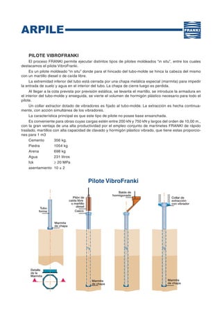 Pilote VibroFranki
Collar de
extracción
con vibrador
Marmita
de chapa
Marmita
de chapa
Marmita
de chapa
Casco
Tubo
forma
Detalle
de la
Marmita
Pilón de
caída libre
o martillo
díesel
Balde de
hormigonado
PILOTE VIBROFRANKI
El proceso FRANKI permite ejecutar distintos tipos de pilotes moldeados “in situ”, entre los cuales
destacamos el pilote VibroFranki.
Es un pilote moldeado “in situ” donde para el hincado del tubo-molde se hinca la cabeza del mismo
con un martillo diesel o de caída libre.
La extremidad inferior del tubo está cerrada por una chapa metálica especial (marmita) para impedir
la entrada de suelo y agua en el interior del tubo. La chapa de cierre luego es perdida.
Al llegar a la cota prevista por previsión estática, se levanta el martillo, se introduce la armadura en
el interior del tubo-molde y enseguida, se vierte el volumen de hormigón plástico necesario para todo el
pilote.
Un collar extractor dotado de vibradores es fijado al tubo-molde. La extracción es hecha continua-
mente, con acción simultánea de los vibradores.
La característica principal es que este tipo de pilote no posee base ensanchada.
Es conveniente para obras cuyas cargas estén entre 200 kN y 750 kN y largos del orden de 10,00 m.,
con la gran ventaja de una alta productividad por el empleo conjunto de martinetes FRANKI de rápido
traslado, martillos con alta capacidad de clavado y hormigón plástico vibrado, que tiene estas proporcio-
nes para 1 m3
Cemento 356 kg.
Piedra 1054 kg
Arena 698 kg
Agua 231 litros
fck ≥ 20 MPa
asentamiento 10 ± 2
FRANKI
 