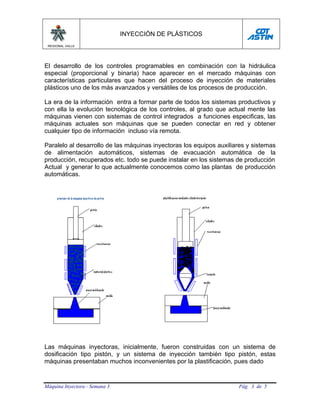 INYECCIÓN DE PLÁSTICOS
 REGIONAL VALLE




El desarrollo de los controles programables en combinación con la hidráulica
especial (proporcional y binaria) hace aparecer en el mercado máquinas con
características particulares que hacen del proceso de inyección de materiales
plásticos uno de los más avanzados y versátiles de los procesos de producción.

La era de la información entra a formar parte de todos los sistemas productivos y
con ella la evolución tecnológica de los controles, al grado que actual mente las
máquinas vienen con sistemas de control integrados a funciones especificas, las
máquinas actuales son máquinas que se pueden conectar en red y obtener
cualquier tipo de información incluso vía remota.

Paralelo al desarrollo de las máquinas inyectoras los equipos auxiliares y sistemas
de alimentación automáticos, sistemas de evacuación automática de la
producción, recuperados etc. todo se puede instalar en los sistemas de producción
Actual y generar lo que actualmente conocemos como las plantas de producción
automáticas.




Las máquinas inyectoras, inicialmente, fueron construidas con un sistema de
dosificación tipo pistón, y un sistema de inyección también tipo pistón, estas
máquinas presentaban muchos inconvenientes por la plastificación, pues dado


Máquina Inyectora - Semana 3                                         Pág. 3 de 5
 