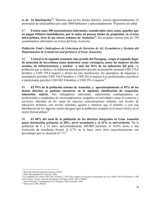 28
es de 16 funcionarios14
. Mientras que en los demás distritos, existen aproximadamente 12
personales de salud pública por cada 1000 habitantes y aproximadamente 70 puestos de salud.
87. Existen unos 300 asentamientos informales, considerados estos como, aquellos que
no pagan tributos inmobiliarios, por lo tanto no poseen títulos de propiedad, en el área
intra-urbana, área de los cascos urbanos de Asunción15
. En conjunto existen más de 350
asentamientos informales en el área del Gran Asunción.
Población Total e Indicadores de Cobertura de Servicios de AS, Económicos y Sociales del
Departamento de Central (al cual pertenece el Gran Asunción)
88. Central es la segunda economía más grande del Paraguay, ocupa el segundo lugar
de atracción de inversiones tanto doméstica como extranjera, posee los mejores niveles
sociales, de infraestructura y nuclear a más del 56% de las industrias del país. La
población que se dedica a la industria manufacturera percibe en promedio mensual USD 275,8
hombres y USD 159,4 mujeres y dentro de esta clasificación, los operadores de máquinas y
montadores perciben USD 336,9 hombres y USD 241,4 mujeres Los profesionales científicos
e intelectuales perciben USD 602.8 hombres y USD 291,4 mujeres16
.
89. El 39% de la población urbana de Asunción, y aproximadamente el 45% de los
demás distritos se podrían encontrar en la siguiente clasificación de ocupación,
educación, salario. Son trabajadores informales, mayormente cuentapropistas no
profesionales y empleados de microempresarios, ocupados en actividades como el comercio y
servicios, ubicados en las zonas de mayores concentraciones urbanas, con niveles de
educación primaria, con niveles salariales iguales o menores que el mínimo, y con una
distribución de los ingresos menos desigual que la población ocupada en el sector rural y en el
sector formal urbano17
.
90. El 40% del total de la población de los distritos integrados al Gran Asunción
posee instrucción primaria, el 28%, nivel secundario y el 11% es universitario. De la
población de 6 a 14 años, aproximadamente 300.000 personas, el 16,8% asiste a una
institución de enseñanza formal, el 0,7% no lo hace, entre otros mayoritariamente con
porcentajes que no alcanzan el 1 %18
.
14
Datos del Atlas de Desarrollo Humano, PNUD.
15
Datos Municipalidad de Asunción. 2008.
16
Los empleados de oficina USD 288,2 hombres y USD 245,6 mujeres; los técnicos profesionales de nivel medio USD 362 hombres y USD
263,6 mujeres. Fuente: Encuesta Permanente de Hogares (EPH, 2007). DGEEC.
17
Sector Informal y Cuentapropista en el Paraguay. Masi, Fernando. 2002.
18
Datos Censo 2002, DGEEC.
 
