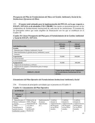 63
Presupuesto del Plan de Fortalecimiento del Marco de Gestión Ambiental y Social de las
Instituciones Ejecutoras de Obras
233. El monto total estimado para la implementación del PFGAS, en lo que respecta a
ESSAP y SENASA es de alrededor US$ 1.200.000. Este monto se encuentran previsto en los
componentes de fortalecimiento institucional de cada una de las instituciones. El resumen de
los principales rubros que serán elegibles de financiación son los que se establecen en el
Cuadro 10.
Cuadro 10. Líneas Presupuesto del Plan para el Fortalecimiento de la Gestión Ambiental
y Social de ESSAP y SENASA
Actividad/Inversión
US$
SENASA ESSAP
200,000 1,000,000
Gestión 100,000 300,000
- Manuales para el Manejo Ambiental y Social.
- Otras herramientas la gestión técnica, ambiental y social.
- Asesoría
Capacitación 50,000 300,000
A nivel nacional
A nivel internacional
Equipamiento 50,000 400,000
- Adquisición de hardware y software.
- Adquisición de equipos e instrumentos para el manejo
ambiental y social
ERSSAN y SEAM
Véanse las previsiones en los Componentes
de Fortalecimiento Institucional de las
mismas.
Lineamientos del Plan Operativo del Fortalecimiento Institucional Ambiental y Social
234. El resumen de principales actividades que se presenta en el Cuadro 11
Cuadro 11. Lineamientos del Plan Operativo
ACTIVIDAD
Año 1 Año 2 Año 3 Año 4 Año 5
SENASA Y
ESSAP
Gestión
- Manuales para el
Manejo Ambiental
y Social.
Elaboración de
TOR o Pliegos
(dependiendo de
si es obra o
servicio
profesional)
Diseños de
Implementación
de puntos
especificados
en 1.
A defiinir
durante la
implementación
del Proyecto,
en los POAs
anuales.
A defiinir
durante la
implementación
del Proyecto,
en los POAs
anuales.
A defiinir
durante la
implementación
del Proyecto,
en los POAs
anuales.
- Otras
herramientas la
gestión técnica,
ambiental y social.
 