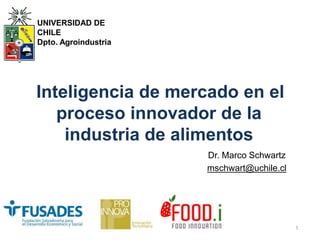 Inteligencia de mercado en el
proceso innovador de la
industria de alimentos
Dr. Marco Schwartz
mschwart@uchile.cl
UNIVERSIDAD DE
CHILE
Dpto. Agroindustria
1
 