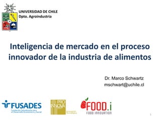 Inteligencia de mercado en el proceso
innovador de la industria de alimentos
Dr. Marco Schwartz
mschwart@uchile.cl
1
UNIVERSIDAD DE CHILE
Dpto. Agroindustria
 