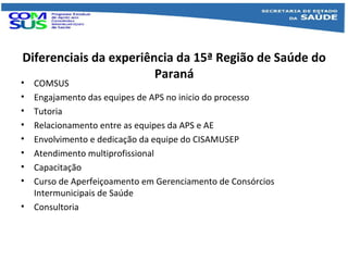 Equipes de Trabalho
SESA - 15ª RS
CISAMUSEP
UAPS e equipe gerencial dos municípios
Consultoria
 