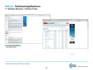 Web 2.0 - Schlüssel-Applikationen
>> Bulletin-Boards / Online-Foren




Focus Gesundheitsforum
• User helfen Usern




Präsentation Marketing- & PR-Tools im Web 2.0

                                                     more than online research
                                                15
 