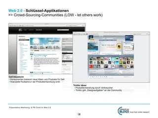 Web 2.0 - Schlüssel-Applikationen
>> Crowd-Sourcing-Communities (LOW - let others work)




Dell-Ideastorm
• Konsumenten kreieren neue Ideen und Produkte für Dell
• finanzieller Aufwand in der Produktentwicklung sinkt
                                                          Tchibo ideas
                                                           • Produktentwicklung durch Verbraucher
                                                           • Tchibo gibt „Designaufgaben“ an die Community




Präsentation Marketing- & PR-Tools im Web 2.0

                                                                                                             more than online research
                                                              18
 