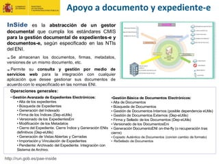 InSide es la abstracción de un gestor
documental que cumpla los estándares CMIS
para la gestión documental de expedientes-e y
documentos-e, según especificado en las NTIs
del ENI.
Se almacenan los documentos, firmas, metadatos,
versiones de un mismo documento, etc.
Permite su consulta y gestión por medio de
servicios web para la integración con cualquier
aplicación que desee gestionar sus documentos de
acuerdo con lo especificado en las normas ENI.
Operaciones generales:
• Gestión Avanzada de Expedientes Electrónicos:
• Alta de los expedientes
• Búsqueda de Expedientes
• Generación del Indexado
• Firma de los Índices (Dep-eUtils)
• Versionado de los ExpedientesEni
• Modificación de los Metadatos
• Cierre del Expediente. Cierre Índice y Generación ENIs
definitivos (Dep-eUtils)
• Generación de Vistas Abiertas y Cerradas
• Importación y Vinculación de Expedientes
• Pendiente: Archivado del Expediente. Integración con
Sistema de Archivo.
•Gestión Básica de Documentos Electrónicos:
• Alta de Documentos
• Búsqueda de Documentos
• Gestión de Documentos Internos (posible dependencia eUtils)
• Gestión de Documentos Externos (Dep-eUtils)
• Firma y Sellado de los Documentos (Dep-eUtils)
• Versionado de los DocumentosEni
• Generación DocumentoENI on-the-fly (o recuperación tras
cierre)
• Copiado Auténtico de Documentos (con/sin cambio de formato)
• ReSellado de Documentos
Apoyo a documento y expediente-e
http://run.gob.es/pae-inside
 
