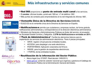 Red 060 proporciona un punto de entrada multi canal a los servicios.
3 canales: oficinas locales, portal web ‘060.es’, nº de teléfono ‘060’.
Más puntos de contacto para emprendedores en la red integrada de oficinas ‘060’.
Ventanilla Única de la Directiva de Servicios EUGO.ES.
EUGO.ES es la ventanilla única de la Directiva de Servicios en España.
Notificaciones-e permite que ciudadanos y empresas reciban, de forma gratuita,
notificaciones administrativas y correspondencia en la dirección electrónica administrativa:
Ministerio de Hacienda y Administraciones Públicas es titular del servicio; el proveedor
es Sociedad Estatal Correos y Telégrafos. 2.27M de Notificaciones-e enviadas en 2011.
'Pack de Administración-e': Facilita los elementos básicos para la
implantación de servicios de administración electrónica. Tiene 4 piezas principales:
ORVE: registro virtual para las entidades locales.
ACCEDA: para desplegar una sede electrónica.
PORTAFIRMAS: Aplicación corporativa de firma-e.
INSIDE: para la gestión de expedientes electrónicos.
• + PORTAL de las entidades locales.
Reutilización de la información del Sector Público.
Marco legal (Ley 37/2007, Real decreto 1495/2011)
datos.gob.es: portal de carácter nacional que organiza y gestiona el Catálogo de
Información Pública de la Administración General del Estado.
Notificaciones-e
Más infraestructuras y servicios comunes
 