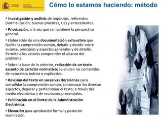 Investigación y análisis de requisitos, referentes
(normalización, buenas prácticas, UE) y antecedentes.
Priorización, a la vez que se mantiene la perspectiva
general.
Elaboración de una documentación exhaustiva que
facilite la comprensión común, debatir y decidir sobre
alcance, principios y aspectos generales y de detalle.
Permite a los actores comprender el alcance del
problema.
Sobre la base de lo anterior, redacción de un texto
escueto de carácter normativo; se eluden los contenidos
de naturaleza teórica o explicativa.
Revisión del texto en sucesivas iteraciones para
consolidar la comprensión común, consensuar los diversos
aspectos, depurar y perfeccionar el texto; a través del
medio electrónico y de reuniones presenciales.
Publicación en el Portal de la Administración
Electrónica.
Elevación para aprobación formal y posterior
tramitación.
Cómo lo estamos haciendo: método
 