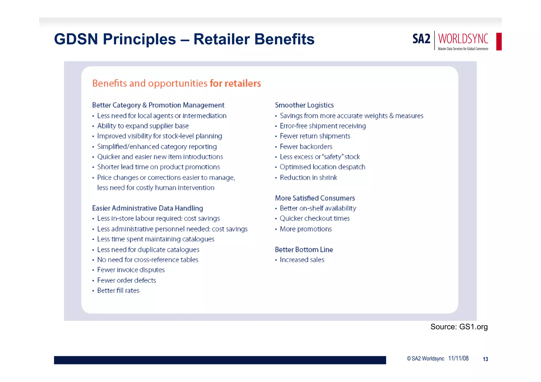 GDSN Principles – Retailer Benefits




                                               Source: GS1.org



                                      © SA2 Worldsync 11/11/08   13
 