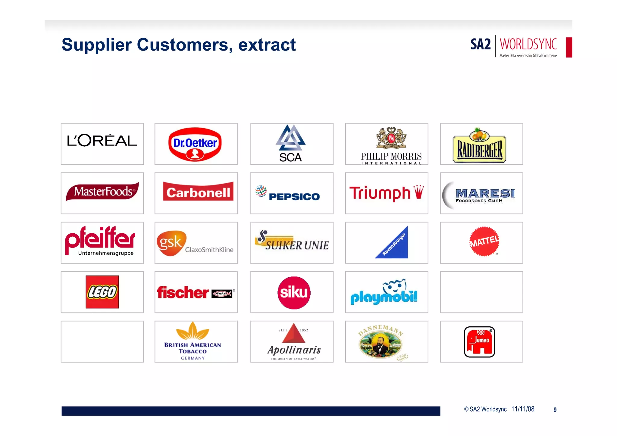 Supplier Customers, extract




                              © SA2 Worldsync 11/11/08   9
 