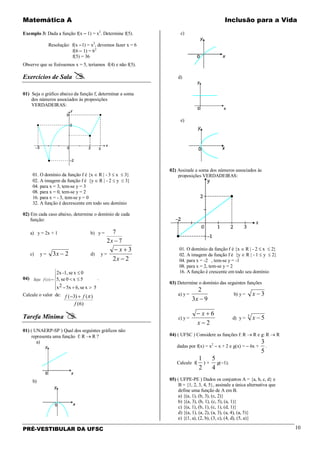 Matemática A Inclusão para a Vida
PRÉ-VESTIBULAR DA UFSC 10
Exemplo 3: Dada a função f(x − 1) = x2
. Determine f(5).
Resolução: f(x −1) = x2
, devemos fazer x = 6
f(6 − 1) = 62
f(5) = 36
Observe que se fizéssemos x = 5, teríamos f(4) e não f(5).
Exercícios de Sala 
01) Seja o gráfico abaixo da função f, determinar a soma
dos números associados às proposições
VERDADEIRAS:
01. O domínio da função f é {x ∈ R | - 3 ≤ x ≤ 3}
02. A imagem da função f é {y ∈ R | - 2 ≤ y ≤ 3}
04. para x = 3, tem-se y = 3
08. para x = 0, tem-se y = 2
16. para x = - 3, tem-se y = 0
32. A função é decrescente em todo seu domínio
02) Em cada caso abaixo, determine o domínio de cada
função:
a) y = 2x + 1 b) y =
72
7
−x
c) y = 23 −x d) y =
22
3
−
+−
x
x
04) ( )
2x -1, se x 0
5, se 0 x 5
2x 5x 6, se x 5
Seja f x


= 


≤
< ≤
− + >
.
Calcule o valor de:
)6(
)()3(
f
ff π+−
Tarefa Mïnima 
01) ( UNAERP-SP ) Qual dos seguintes gráficos não
representa uma função f: R → R ?
a)
b)
c)
d)
e)
02) Assinale a soma dos números associados às
proposições VERDADEIRAS:
01. O domínio da função f é {x ∈ R | - 2 ≤ x ≤ 2}
02. A imagem da função f é {y ∈ R | - 1 ≤ y ≤ 2}
04. para x = -2 , tem-se y = -1
08. para x = 2, tem-se y = 2
16. A função é crescente em todo seu domínio
03) Determine o domínio das seguintes funções
a) y =
93
2
−x
b) y = 3−x
c) y =
2
6
−
+−
x
x
d) y =
3
5−x
04) ( UFSC ) Considere as funções f: R → R e g: R → R
dadas por f(x) = x2
− x + 2 e g(x) = − 6x +
5
3
.
Calcule f(
2
1
) +
4
5
g(−1).
05) ( UFPE-PE ) Dados os conjuntos A = {a, b, c, d} e
B = {1, 2, 3, 4, 5}, assinale a única alternativa que
define uma função de A em B.
a) {(a, 1), (b, 3), (c, 2)}
b) {(a, 3), (b, 1), (c, 5), (a, 1)}
c) {(a, 1), (b, 1), (c, 1), (d, 1)}
d) {(a, 1), (a, 2), (a, 3), (a, 4), (a, 5)}
e) {(1, a), (2, b), (3, c), (4, d), (5, a)}
 