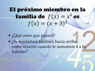 421
0011 0010 1010 1101 0001 0100 1011
El próximo miembro en la
familia de 𝑓 𝑥 = 𝑥² es
𝑓 𝑥 = (𝑥 + 3)²
• ¿Qué crees que pasará?
• ¿Se trasladará también hacia arriba
como ocurrió cuando le sumamos 4 a la
función?
 