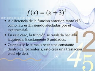 421
0011 0010 1010 1101 0001 0100 1011
𝑓 𝑥 = (𝑥 + 3)²
• A diferencia de la función anterior, tanto el 3
como la x están siendo afectadas por el
exponencial.
• En este caso, la función se traslada hacia la
izquierda. Exactamente 3 unidades.
• Cuando se le suma o resta una constante
dentro del paréntesis, esto crea una traslación
en el eje de x.
 