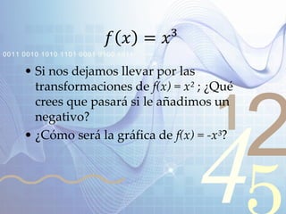 421
0011 0010 1010 1101 0001 0100 1011
𝑓 𝑥 = 𝑥³
• Si nos dejamos llevar por las
transformaciones de f(x) = x² ; ¿Qué
crees que pasará si le añadimos un
negativo?
• ¿Cómo será la gráfica de f(x) = -x³?
 