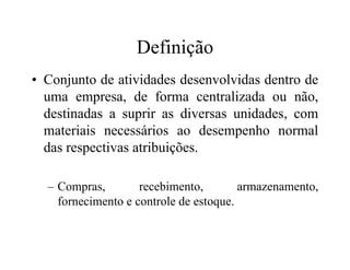 Definição
• Conjunto de atividades desenvolvidas dentro de
uma empresa, de forma centralizada ou não,
destinadas a suprir as diversas unidades, com
materiais necessários ao desempenho normalmateriais necessários ao desempenho normal
das respectivas atribuições.
– Compras, recebimento, armazenamento,
fornecimento e controle de estoque.
 