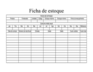Ficha de estoque
Unidade Código
Jan Fev Mar Abr Mai Jun Jul Ago Set Out Nov Dez Média/ano
Custo totalEntrada Saída Saldo Custo unitário
FICHA DE ESTOQUE
Produto Fornecedor Estoque máximo Estoque mínimo Ponto de ressuprimento
Data da compra Número da nota fiscal
Consumo médio anual
 
