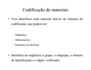 Codificação de materiais
• Visa identificar cada material através de sistemas de
codificação, que podem ser:
– Alfabético– Alfabético
– Alfanumérico
– Numérico ou decimal
• Identifica na seqüência o grupo, o subgrupo, o número
de identificação e o dígito verificador.
 