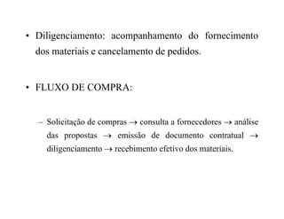 • Diligenciamento: acompanhamento do fornecimento
dos materiais e cancelamento de pedidos.
• FLUXO DE COMPRA:
– Solicitação de compras  consulta a fornecedores  análise
das propostas  emissão de documento contratual 
diligenciamento  recebimento efetivo dos materiais.
 