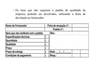 – Os itens que não seguirem o padrão de qualidade da
empresa, poderão ser devolvidos, utilizando a ficha de
devolução ao fornecedor.
Nome do Fornecedor
Obs.:
Especificações técnicas ( )
Itens que não conferem com o pedido
Ficha de recepção nº.:
Pedido nº.:
Especificações técnicas ( )
Quantidade ( )
Qualidade ( )
Preço ( )
Prazo de entrega ( ) Data: ___/___/______
Condições de pagamento ( ) Resp.:
 