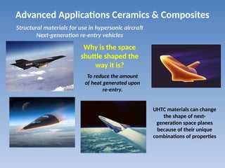 Advanced Applications Ceramics & Composites
Structural materials for use in hypersonic aircraft
Next-generation re-entry vehicles
UHTC materials can change
the shape of next-
generation space planes
because of their unique
combinations of properties
Why is the space
shuttle shaped the
way it is?
To reduce the amount
of heat generated upon
re-entry.
 