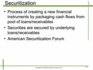 Securitization Process of creating a new financial instruments by packaging cash flows from  pool of loans/receivables Securities are secured by underlying loans/receivables American Securitization Forum 